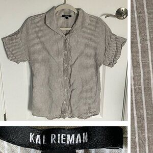 Kal Reiman Gray White Striped Button Down Short Sleeve Linen Shirt 35358